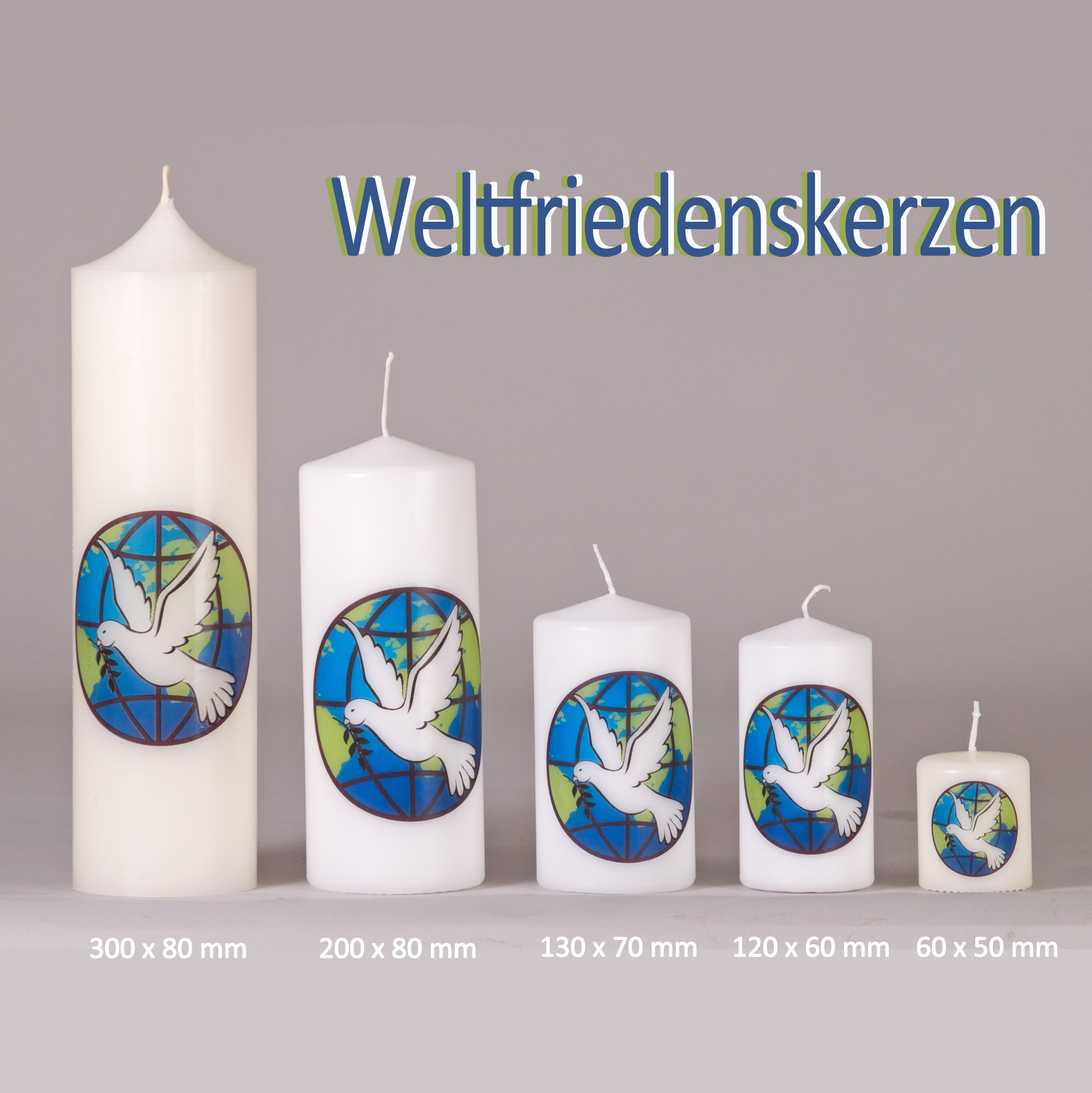 Weltfriedenskerzen Stumpen weiß, diverse Größen, mit Transferfolie, Motiv: Weltkugel Friedenstaube