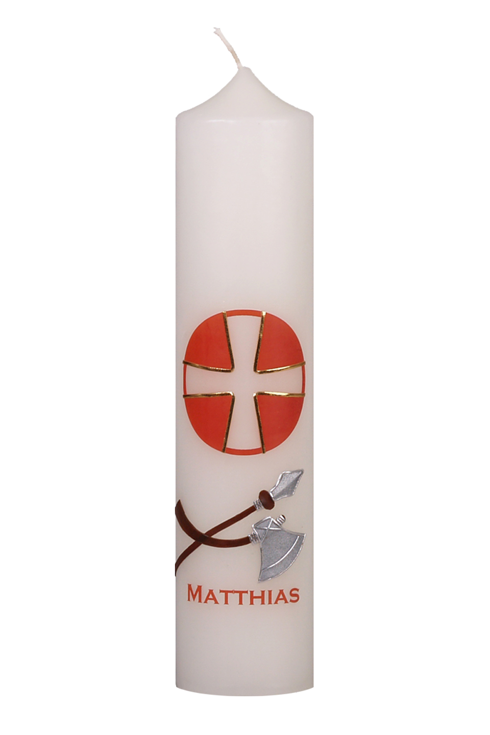 Apostelkerze Matthias 300 x 70 mm mit Wachssymbol, rotes Kreuz und Name als Transferdruck