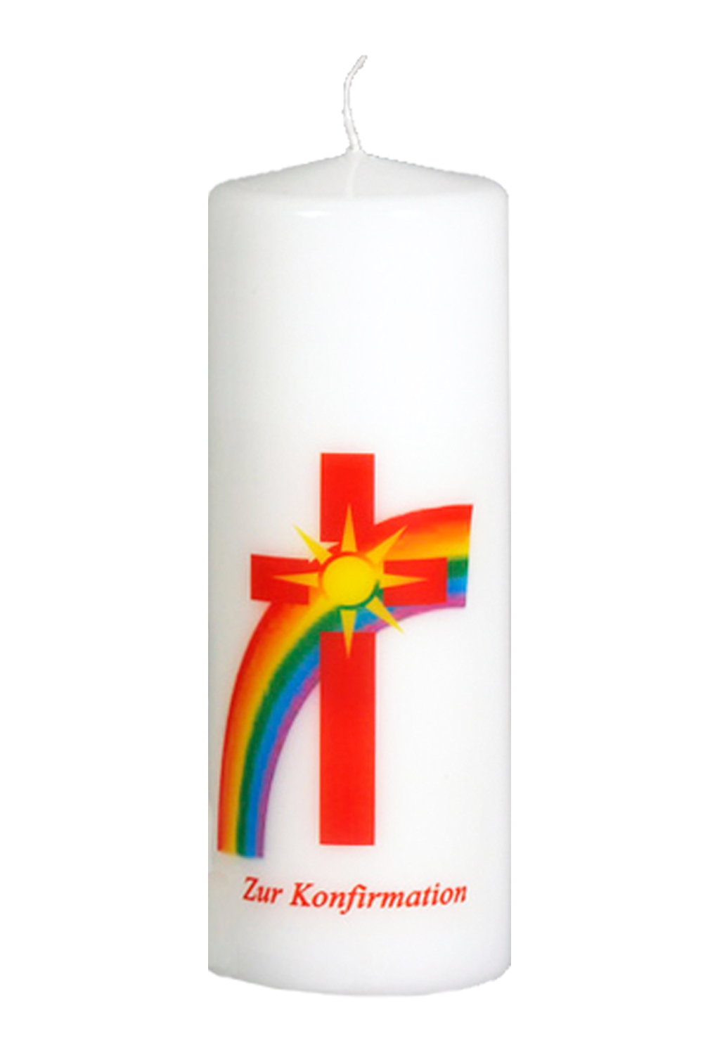 Konfirmationskerze 6475 -200 x 70 mm, Motiv: Kreuz rot mit Regenbogen