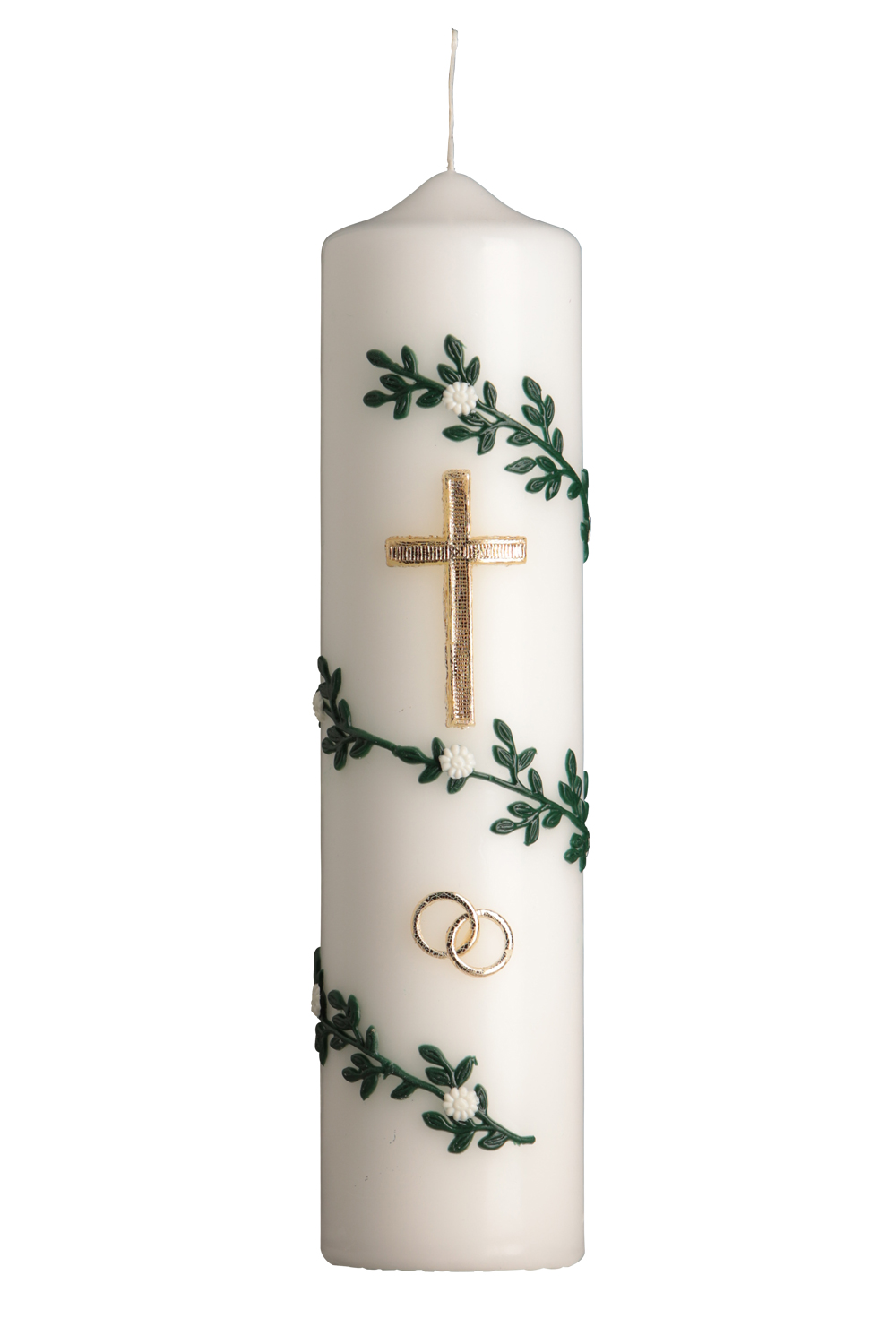Hochzeitskerze 250/60 mm, weiß, Wachsauflage, Motiv: grüne Ranke, goldenes Kreuz, Ringe