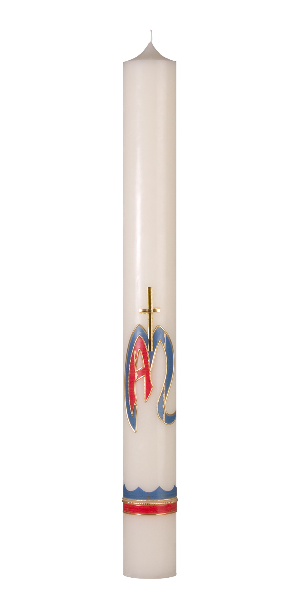 Marienkerze 46, mit Wachsauflage, rot-blau-gold: Kreuz, M und A, Borde