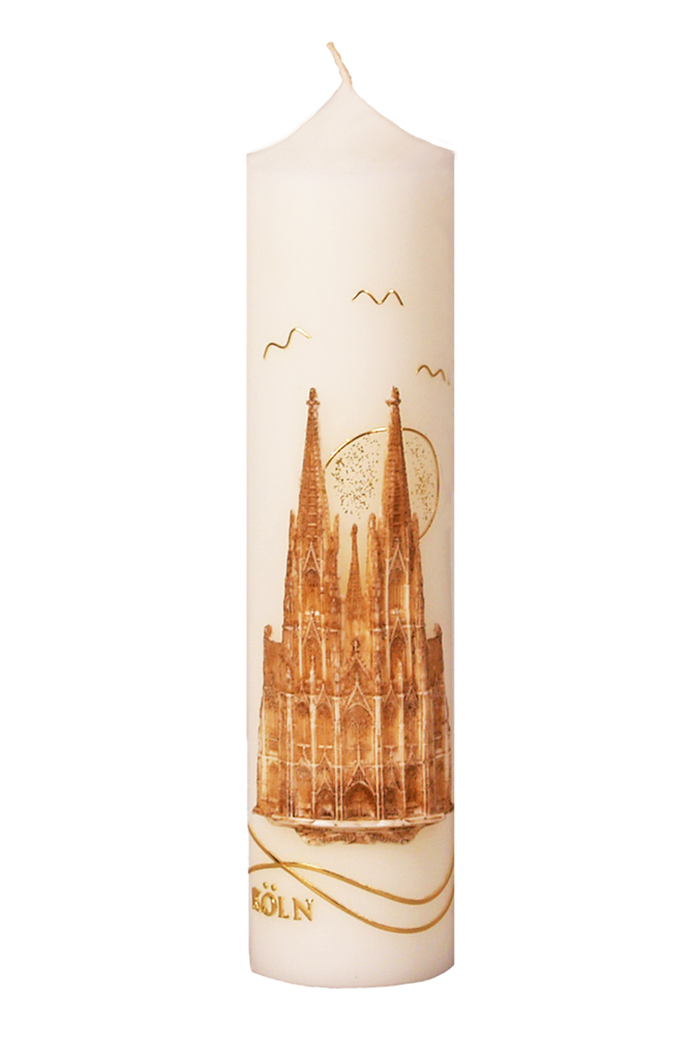 Köln-Kerze mit 10 % BW, Größe 300 x 70 mm, Kölner Dom in modellierter Wachsauflage, mit Wellen, Sonne und Vögeln in Wachs