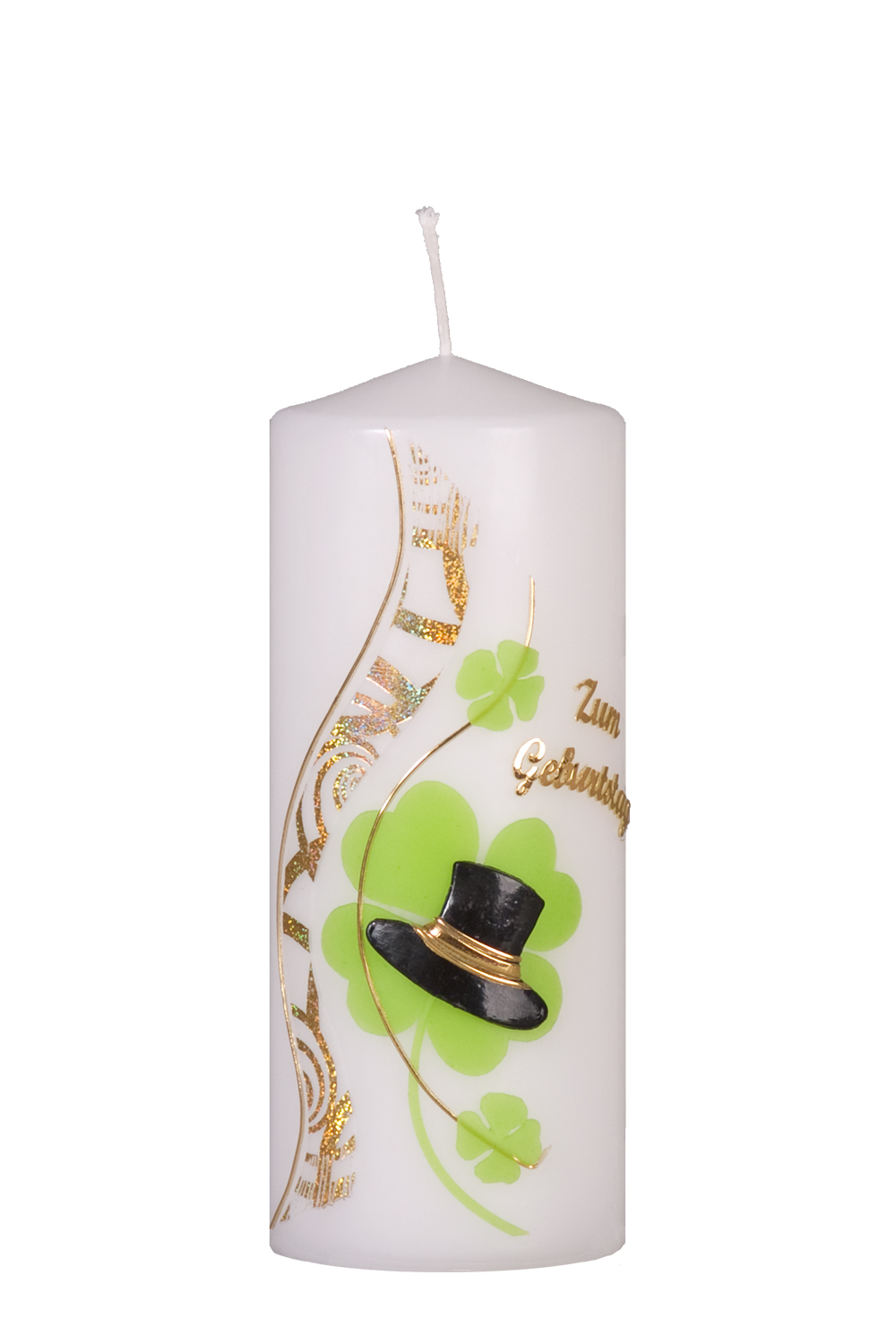 Geburtstagsstumpen 200 x 80 mm, weiß, mit Wachsauflage, Motiv: Kleeblatt, Zylinder, Ornament und Schriftzug
