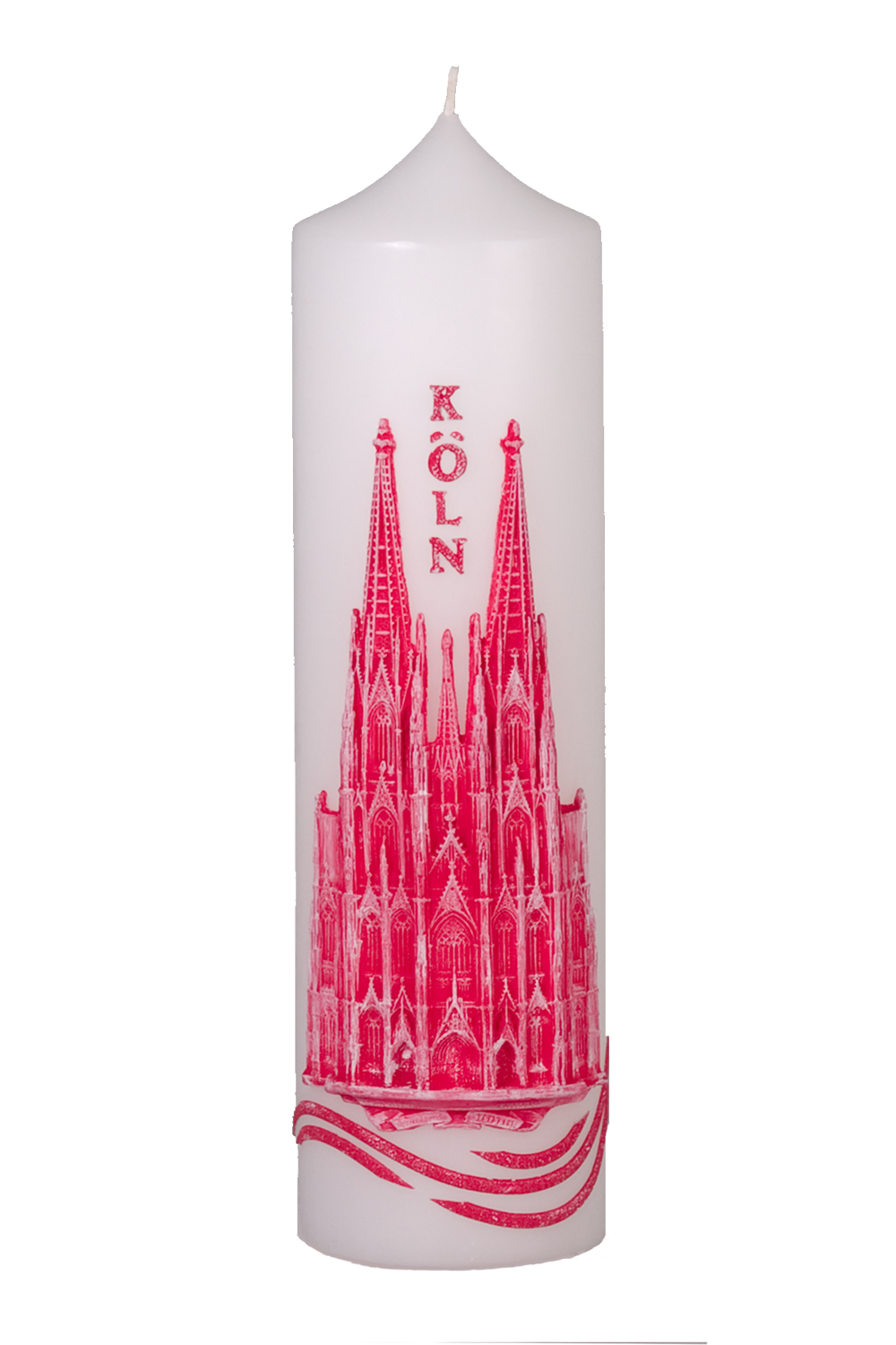 Ceresinkerze, Größe 250 x 70 mm, Kölner Dom in modellierter Wachsauflage, rot bemalt, mit Wellen und "Köln" als Wachsbuchstaben  40,06 €*