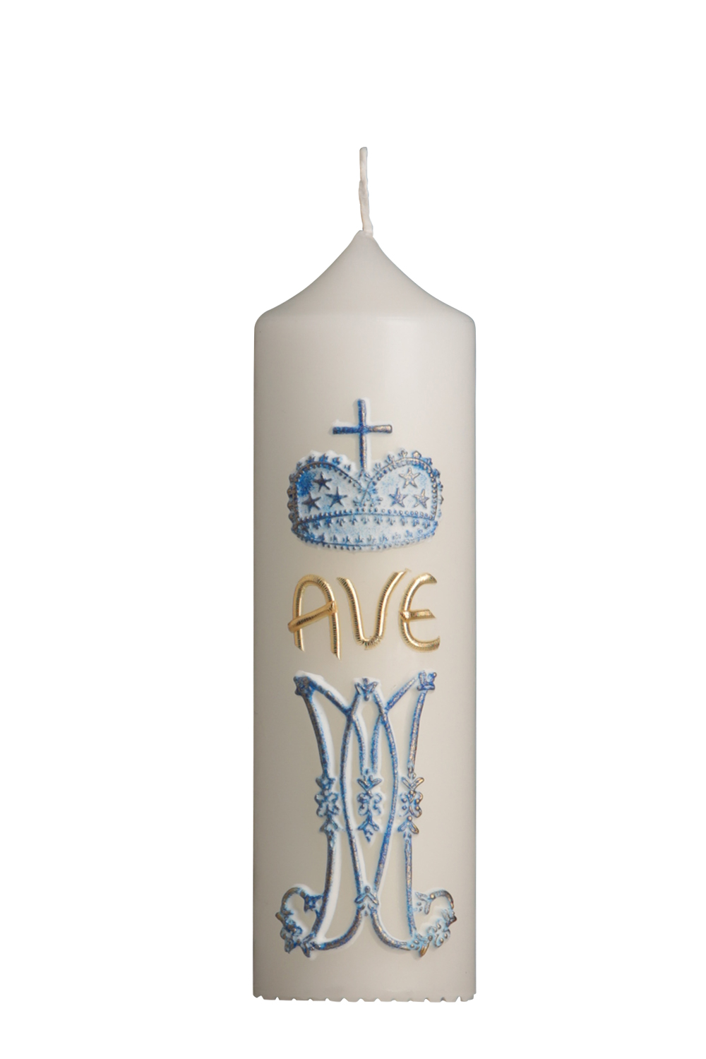 Marientischkerze Nr. 56, 200 x 60 mm, mit Wachauflage in hellblau-gold: Krone, Ave und verschnörkeltes M