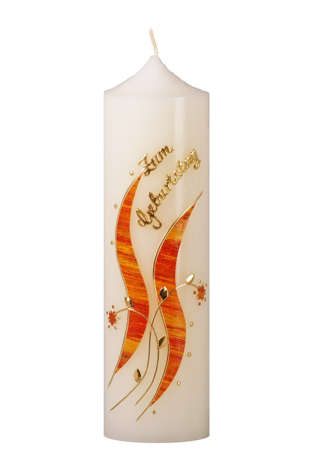 Geburtstagstumpen 250 x 70 mm, elfenbein, mit Wachsauflage gold / gelb-orange marmoriet