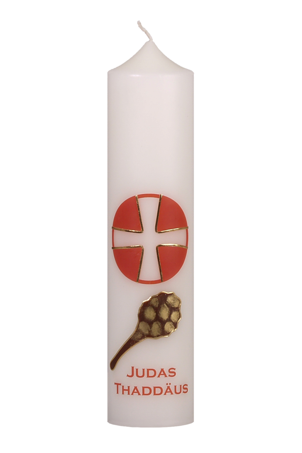 Apostelkerze Judas Thaddäus 300 x 70 mm mit Wachssymbol, rotes Kreuz und Name als Transferdruck
