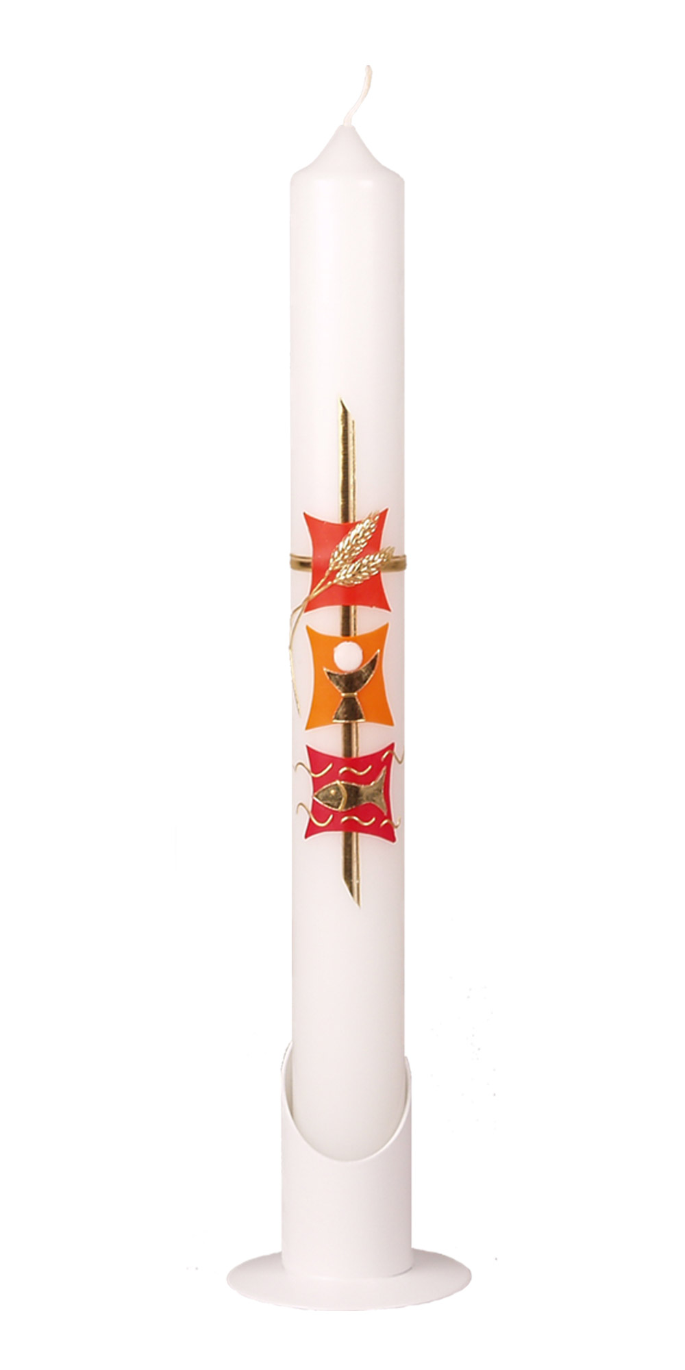 Kommunionkerze 400x40 mm mit Wachsauflage in orange-rot-gold: Ähre, Kelch, Fisch