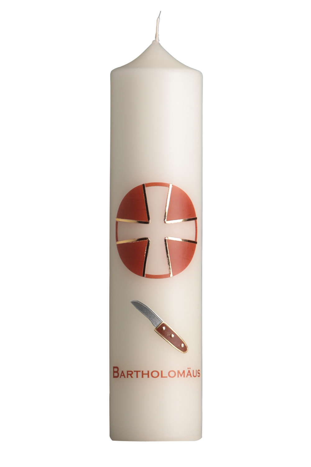 Apostelkerze Bartholomäus 300 x 70 mm mit Wachssymbol, rotes Kreuz und Name als Transferdruck