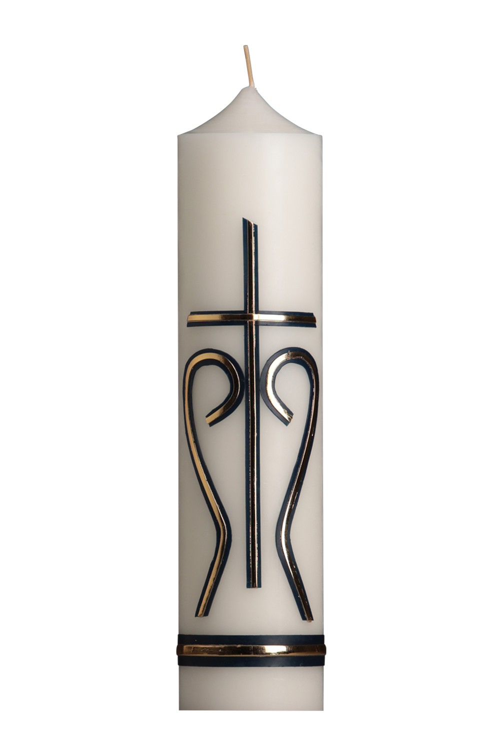 Marientischkerze Nr. 51, 300 x 70 mm, mit wachsauflage in dunkelblau-gold: Kreuz, M und Borde