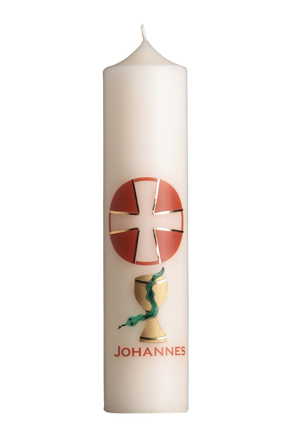 Apostelkerze Johannes 300 x 70 mm mit Wachssymbol, rotes Kreuz und Name als Transferdruck