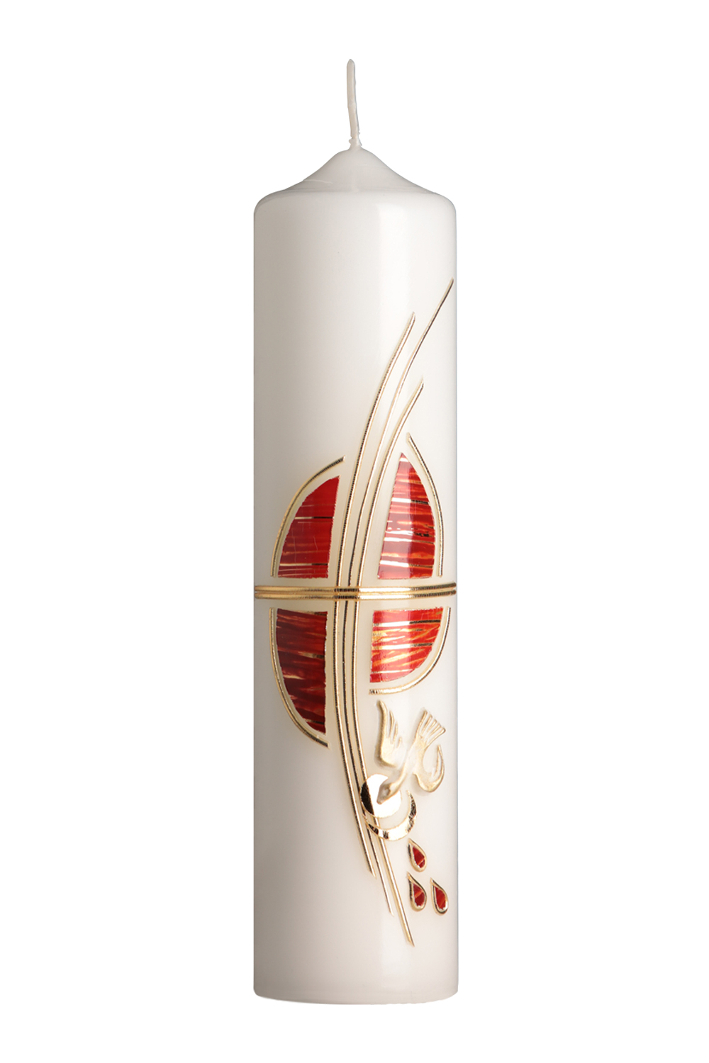 Firmen- und Pfingstkerze. 250 mm lang und 60 mm breit. Mit Wachsauflage. Auf der Kerze sind ein Geschwungenes Kreuz, ein Kreisemblem durnkelrot-orange-gold, eine Taube und Flammen abgebildet.