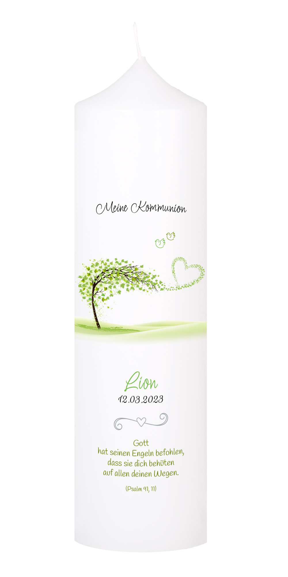 Kommunionkerze 800 grün, 250x70 mm weiß, personalisierbar