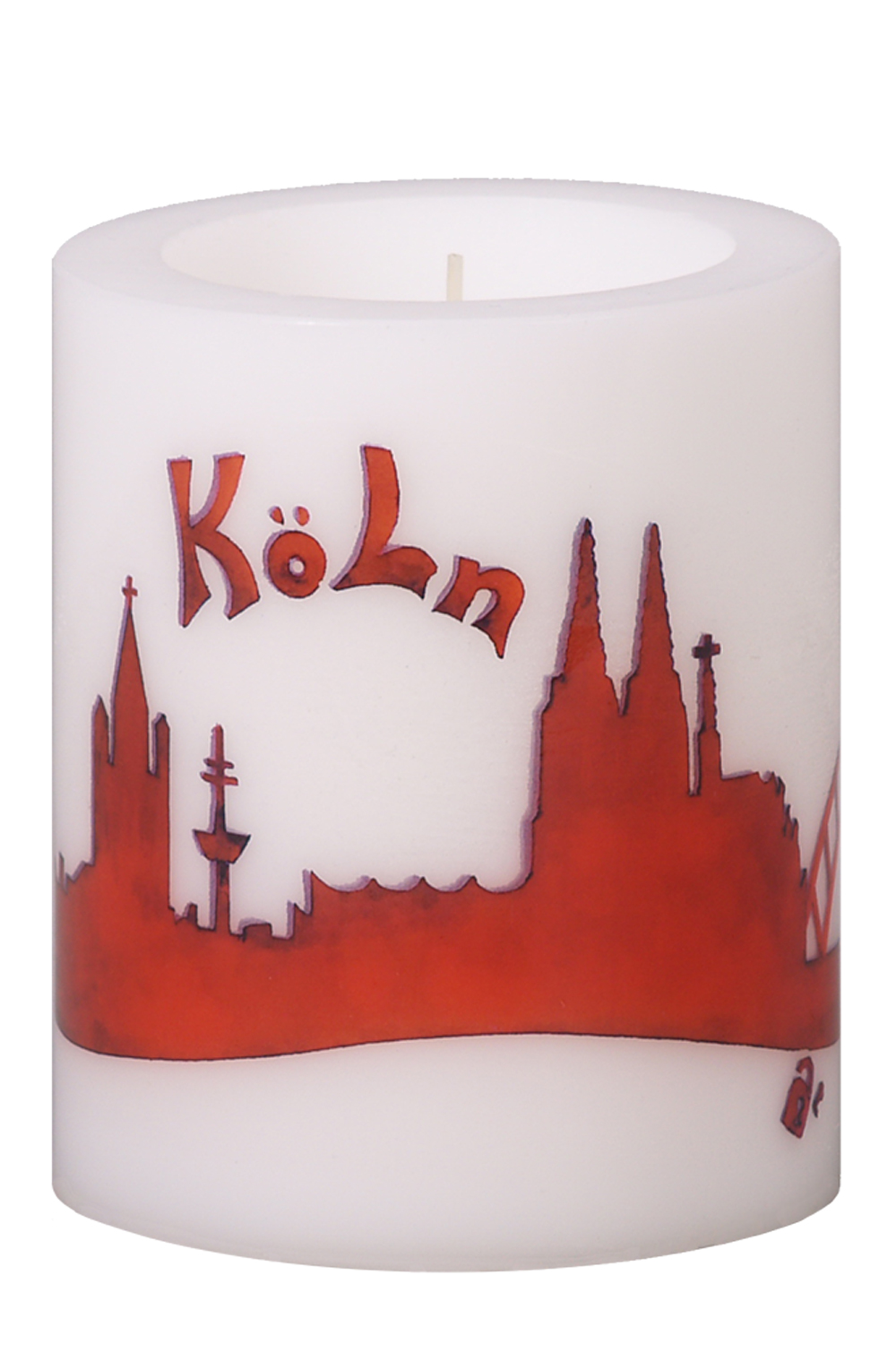 Lampionkerze 120 x 100 mm, Kölnsilhouette rot-weiss, gelackt, geschenkfertig in Cello