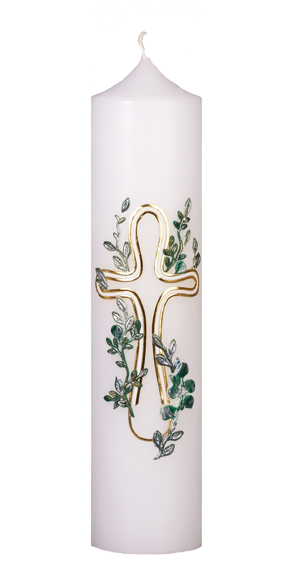Taufkerze 582,  mit goldenem Kreuz u. grünen Ranken, 300 x 70 mm weiß