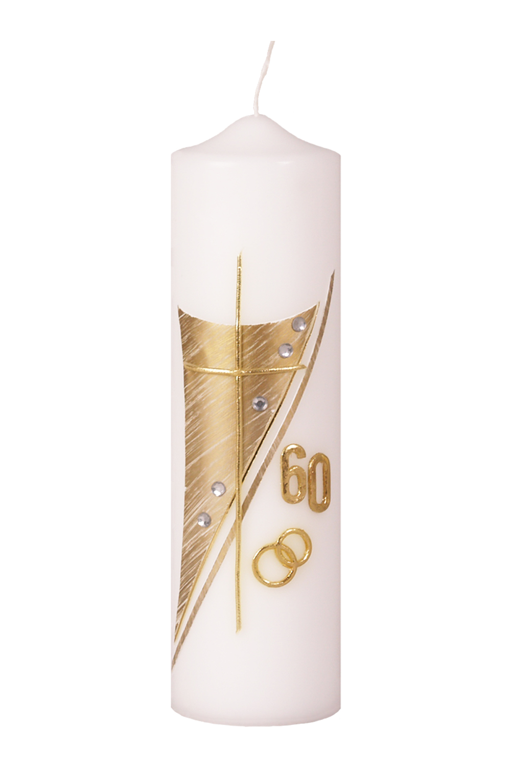 Diamantenhochzeitsstumpen 250 x 70 mm, Verz. 843 in gold, Kreuz, Ringe, Strass-Steine und Jubiläumszahl