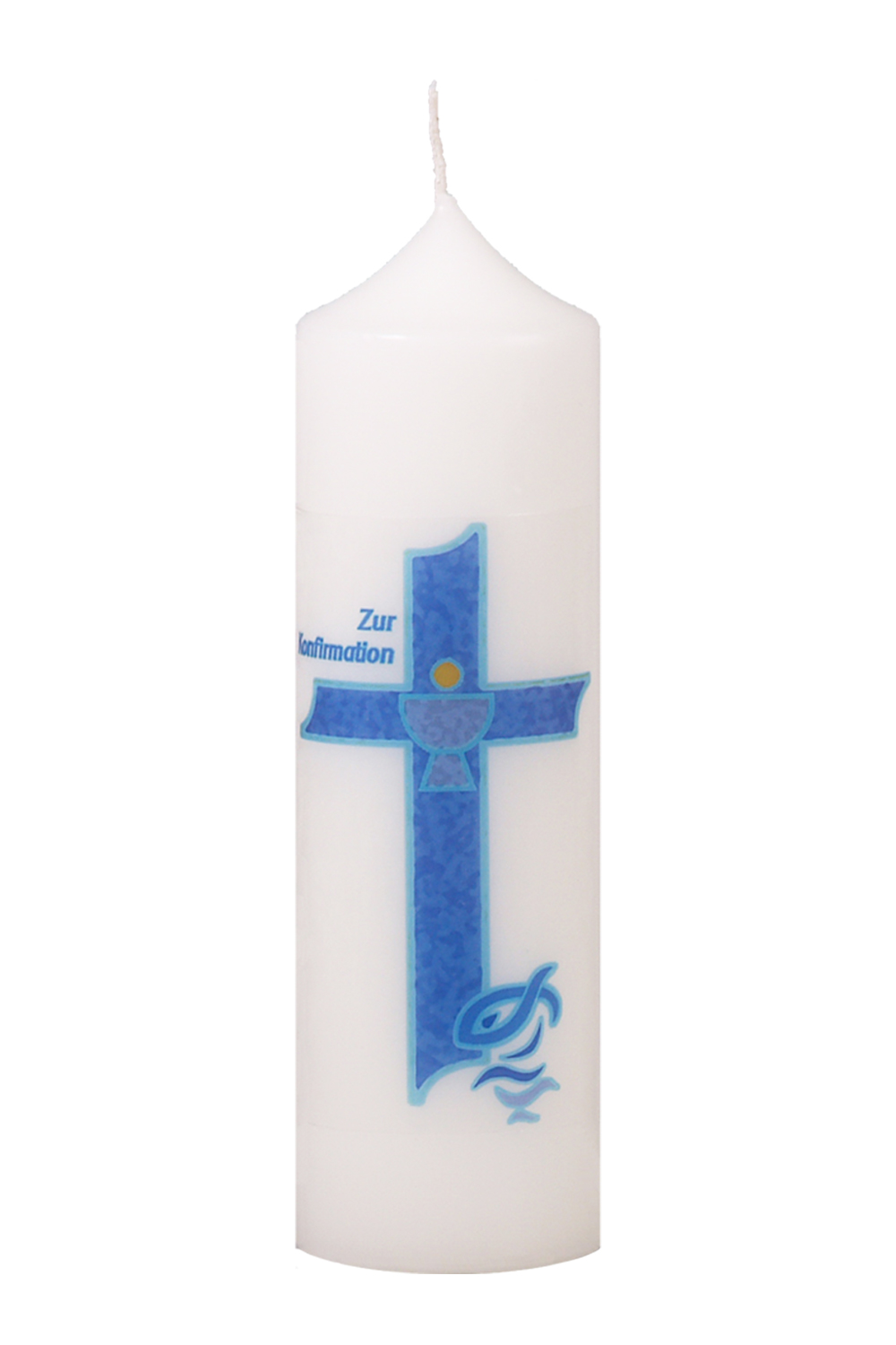 Konfirmationskerze 6472  200 x 60 mm, Motiv: Blaues Kreuz mit Fisch