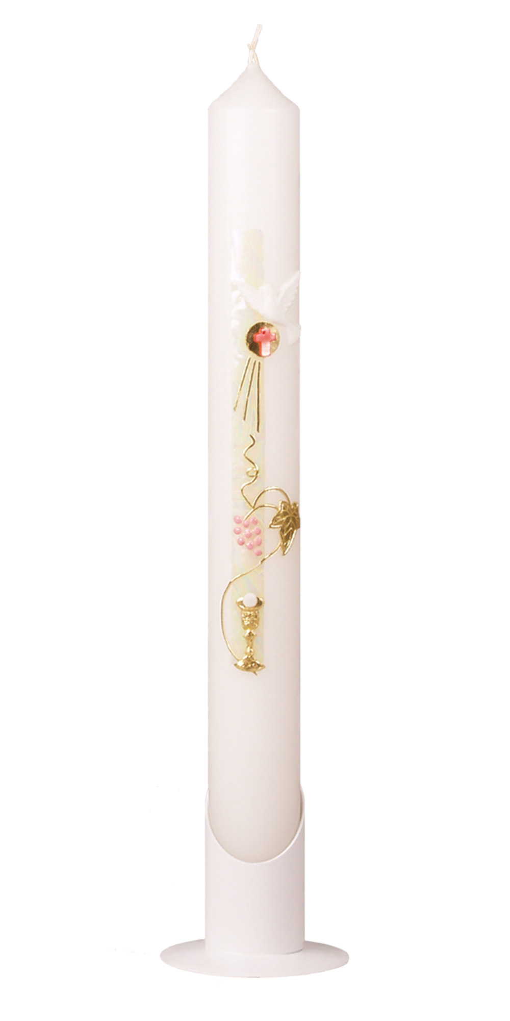 Kommunionskerze Kerzengröße: 400/40 mm, weiß, Wachsauflage, Motiv: Taube mit Strahlenkranz, Kelch und Weintraube, gold-rosa