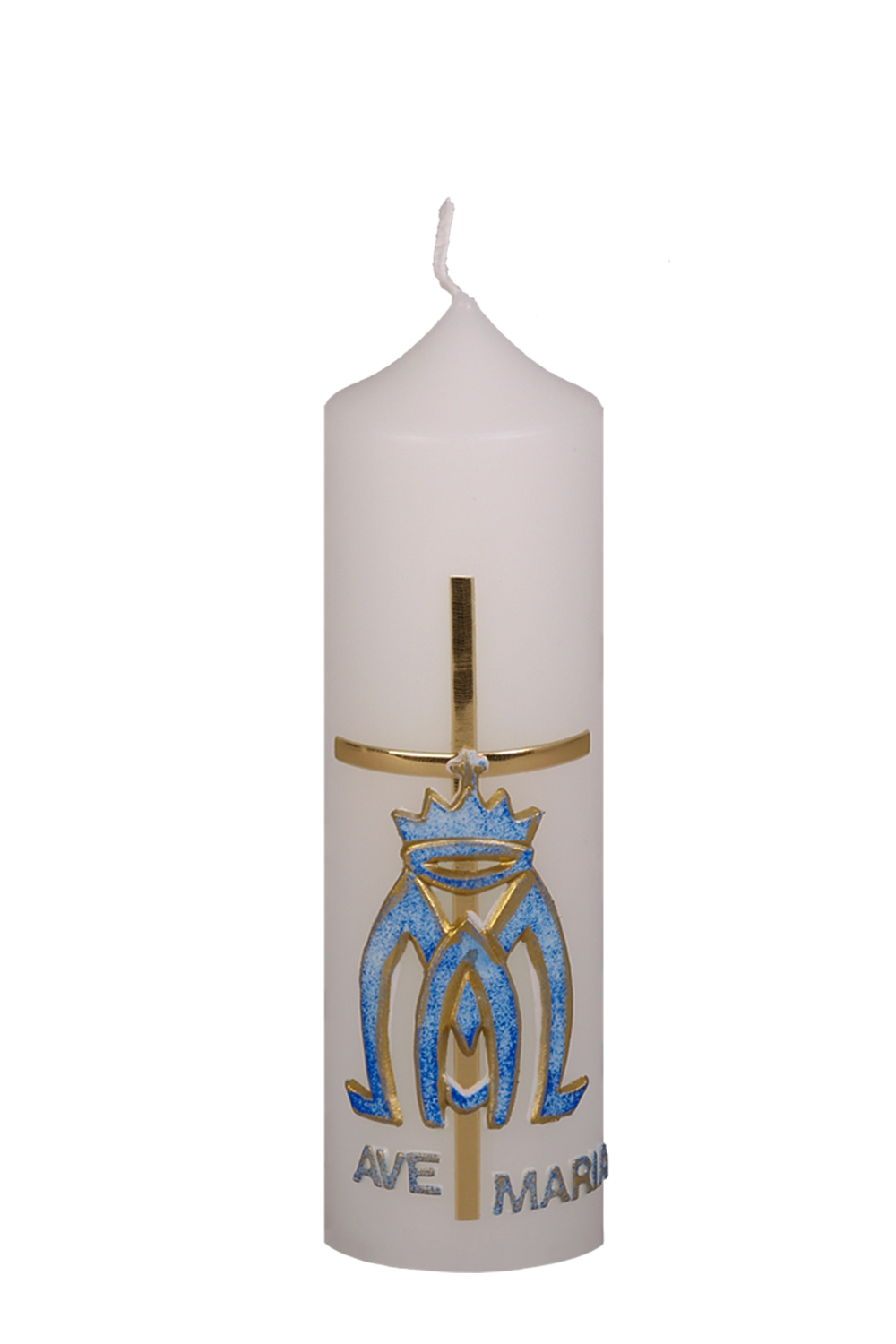 Marientischkerze 57, 200 x 60 mm, Verzierung in hellblau-gold, Kreuz, m und Ave Maria