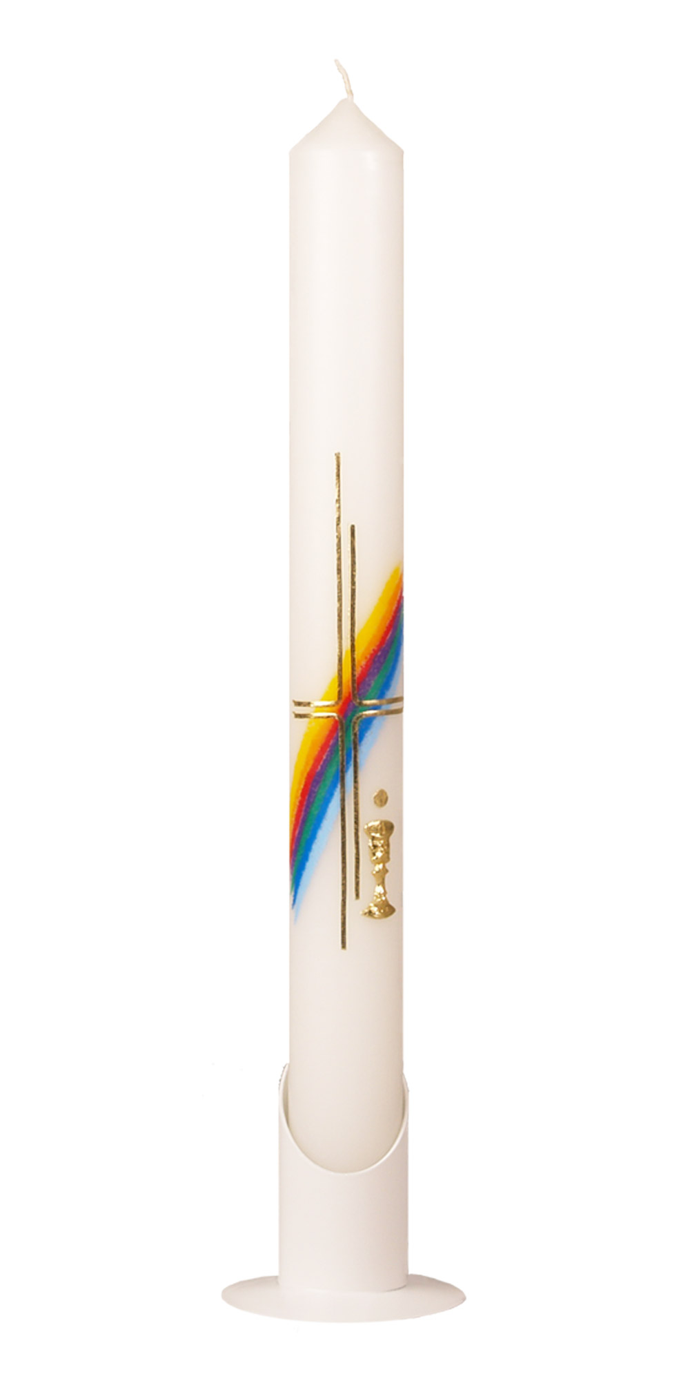 Kommunionkerze 400x40 mm mit Wachsauflage bunt: Regenbogen, Kreuz gold, Kelch