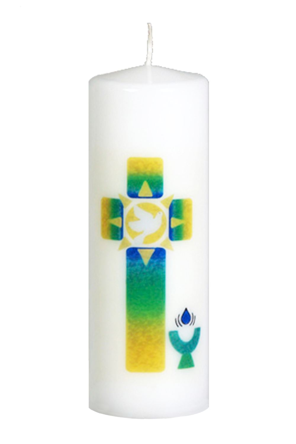 Konfirmationskerze 6474 - 200 x 70 mm, Motiv: Kreuz grün-gelb