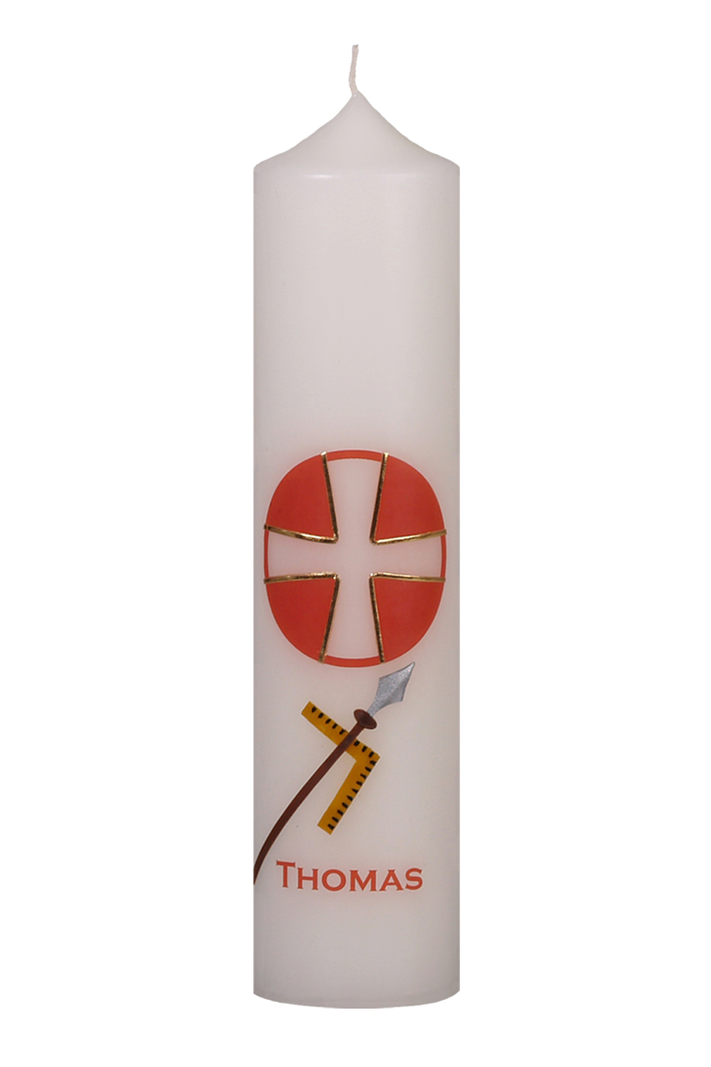 Apostelkerze Thomas 300 x 70 mm mit Wachssymbol, rotes Kreuz und Name als Transferdruck