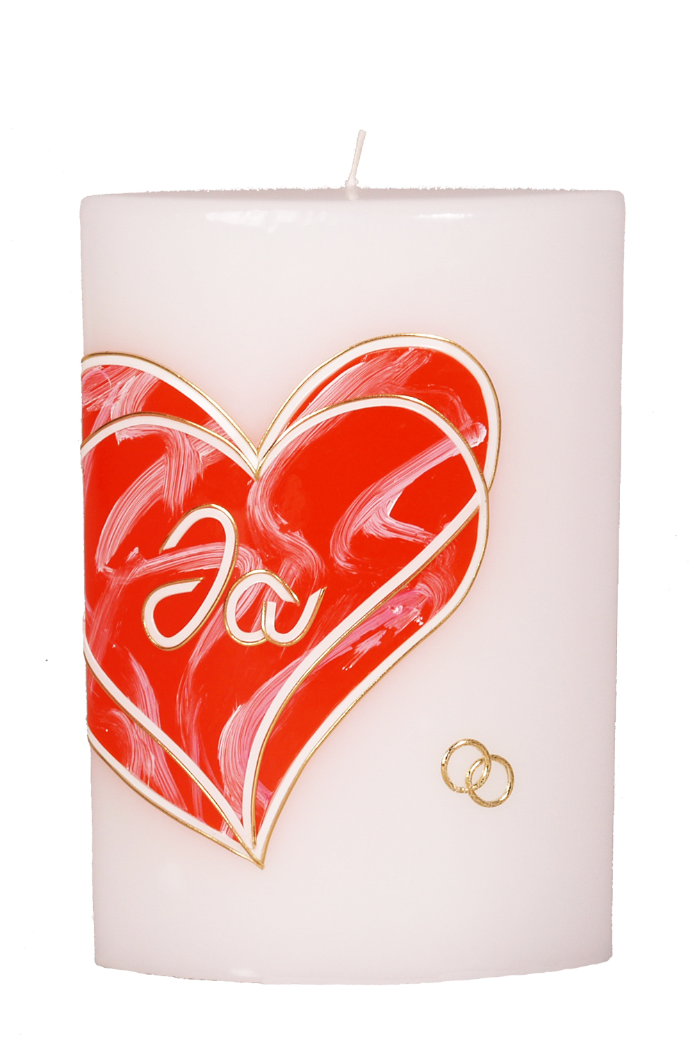 Hochzeitskerze 220/150/80 mm, oval, weiß, Wachsauflage, Motiv: rotes Herz "Ja"
