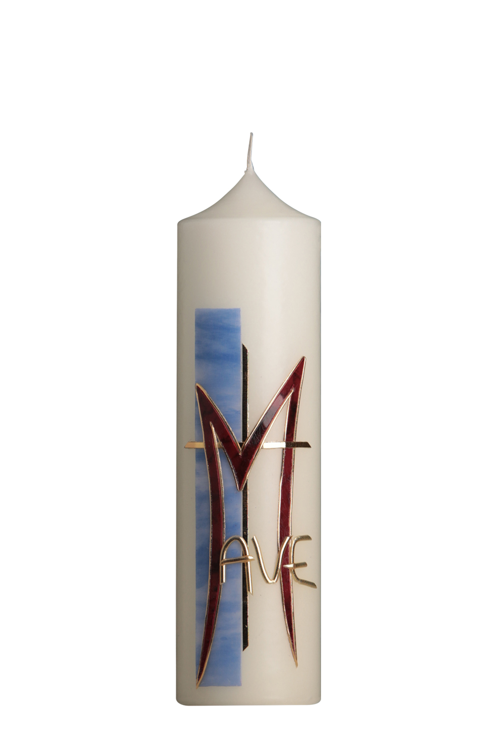 Marientischkerze Nr. 58, 200 x 70 mm, mit Wachsauflage in blau-altrot-gold: Kreuz, M und Ave
