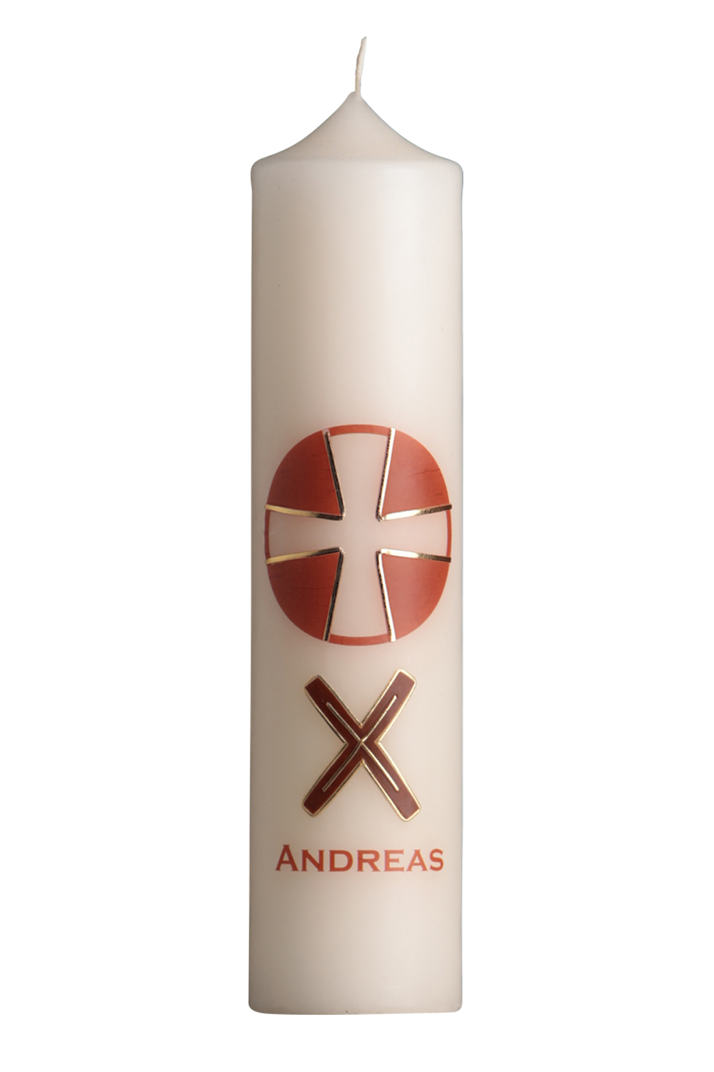 Apostelkerze Andreas 300 x 70 mm mit Wachssymbol, rotes Kreuz und Name als Transferdruck
