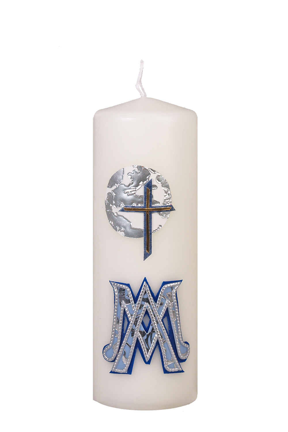 Marientischkerze Nr. 62 mit Wachsauflage in blau-silber: Kreuz, Mond, M und A