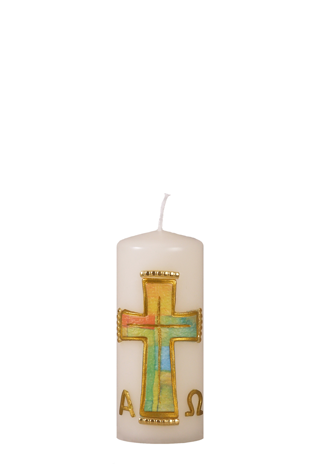 Ostertischkerze, Größe 120 x 60 mm, Motiv: Kreuz, Alpha & Omega, ohne Jahreszahl, Wachsauflage