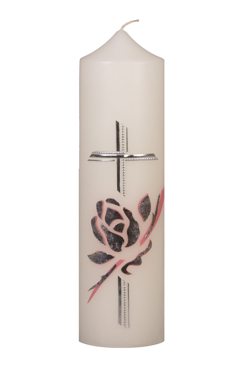 Trauerkerze 221, Verz. antiksilber -altrosa Kerze 250 x 70 mm, Ceresin, elfenbein, Kreuz und Rose