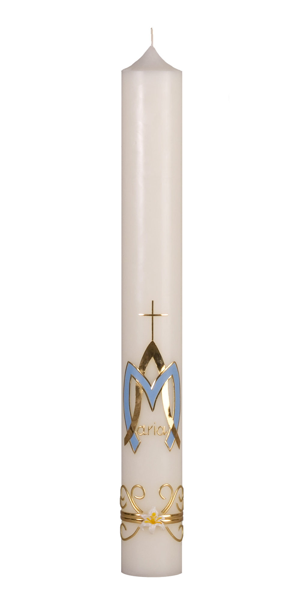 Marienkerzen Nr. 43, Verzierung in hellblau-gold: Kreuz, M und A, Borde mit Ornamenten und Lilie