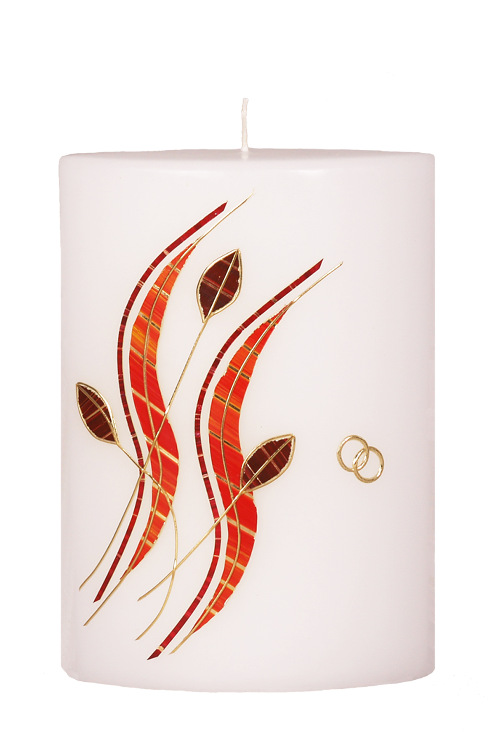 Hochzeitskerze 220x150x80mm, Wachsauflage in rot/gold, Motiv: Blätter und Ringe