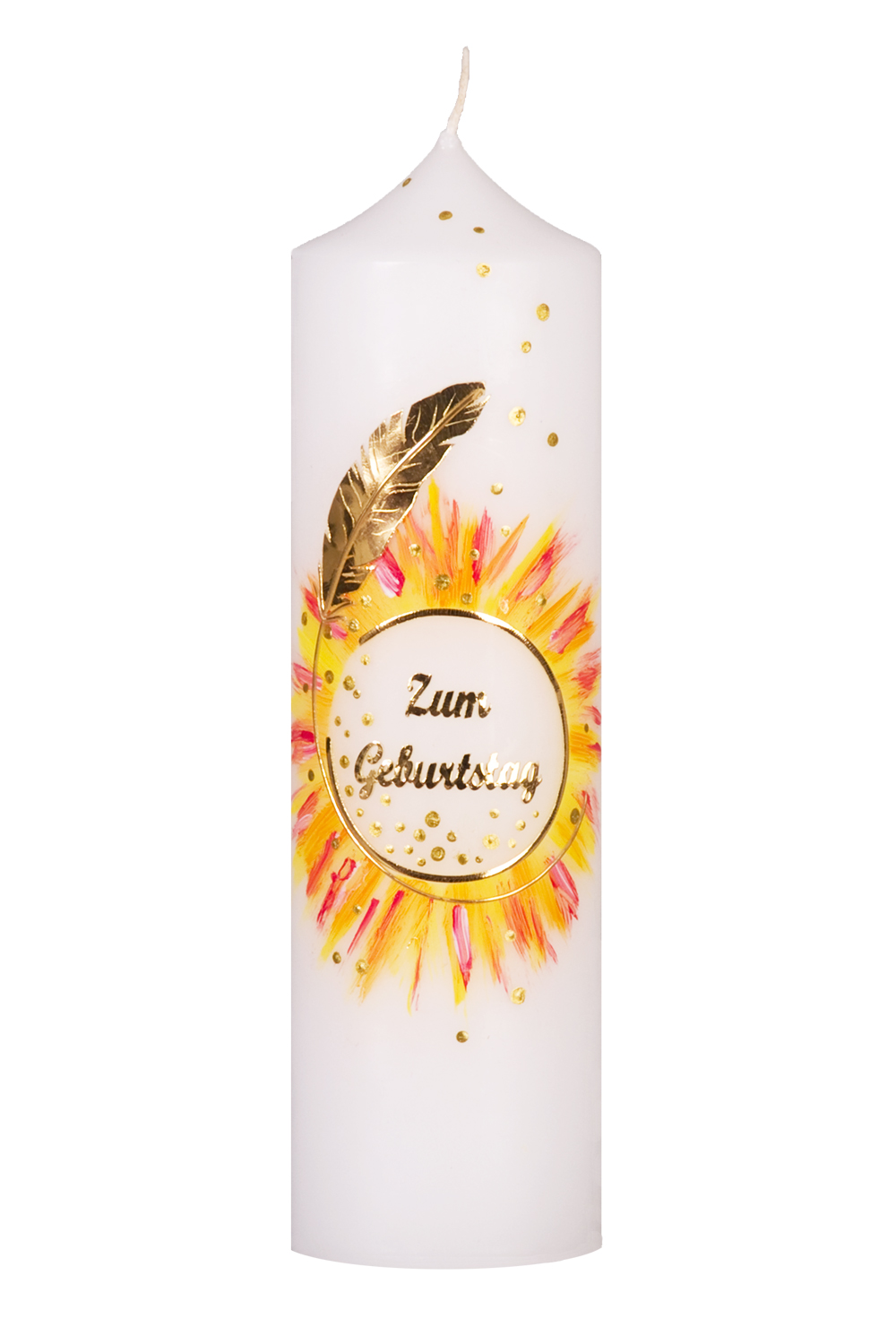Geburtstagsstumpen 200 x 80 mm, weiß, mit Wachsauflage, Motiv: Kleeblatt, Zylinder, Ornament und Schriftzug