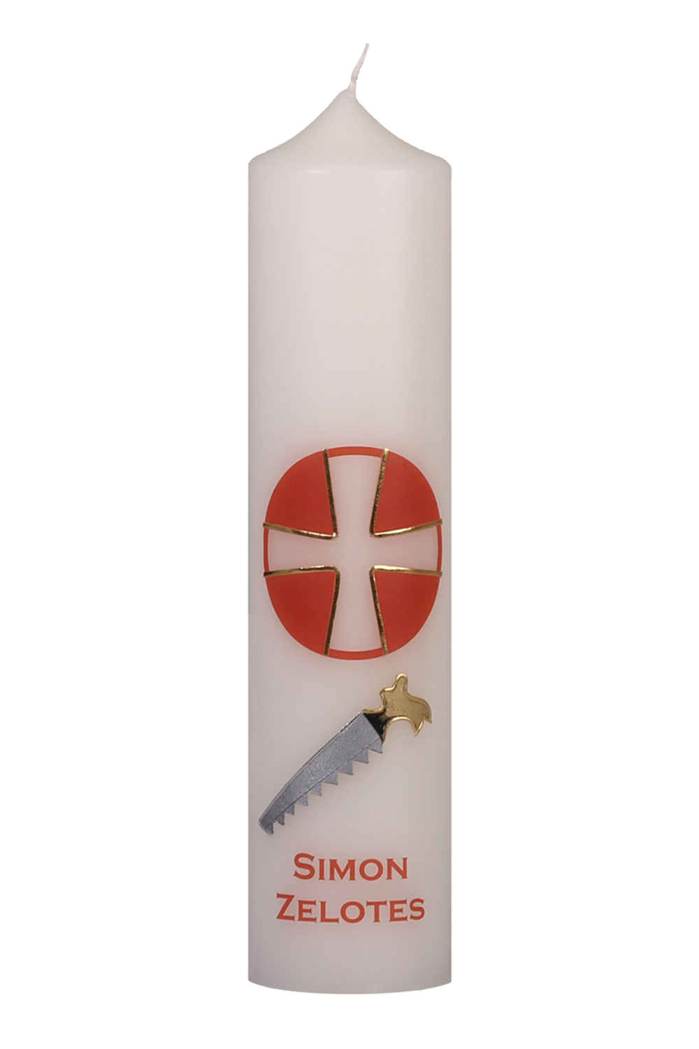 Apostelkerze Simon Zelotes 300 x 70 mm mit Wachssymbol, rotes Kreuz und Name als Transferdruck