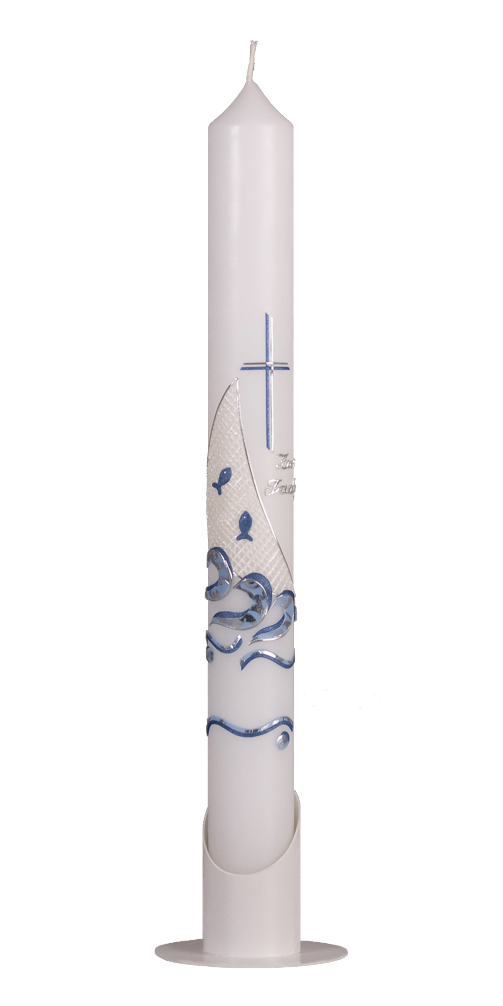 Taufkerze 660, 400 x 40 mm weiß  weiß, Wachsauflage, Motiv: Fischernetz