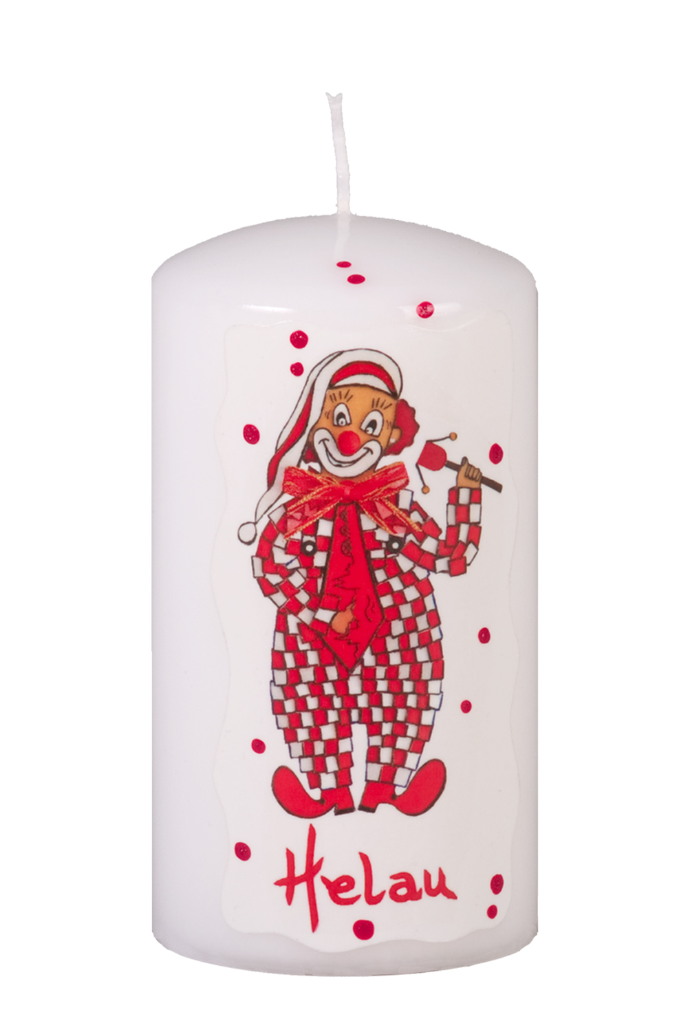 Faschingskerze mit Lappenclown "Helau" 150x80 mm (Dekoration) Stumpen weiß, mit Folienbild auf weißer Wachsauflage, Motiv Lappenclown