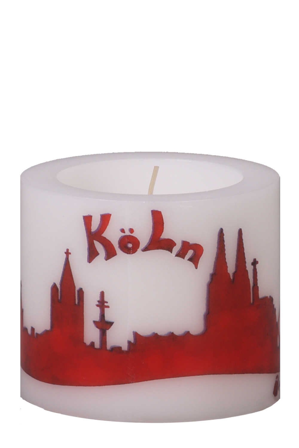 Lampionkerze 85 x 100 mm, Kölnsilhouette rot-weiss, gelackt, geschenkfertig in Cello