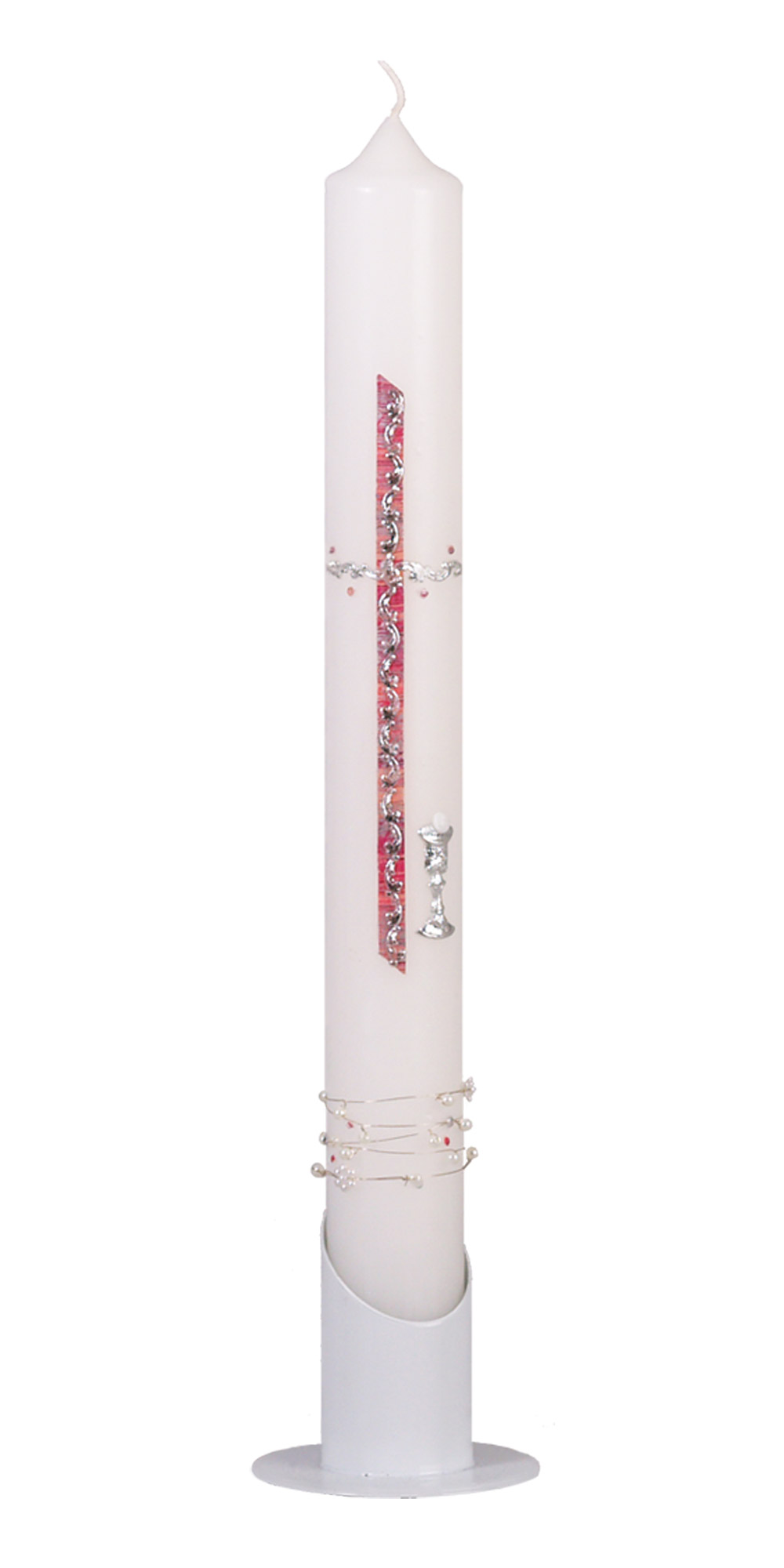 Kommunionkerze 551 blau, 400 x 40 mm weiß  Wachsauflage, Motiv: Kreuz, Kelch und Perlborde, rosa/silber