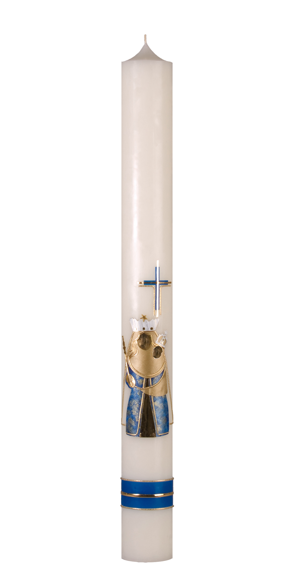 Marienkerze Nr. 59 mit Wachsauflage in blau-gold: Kreuz, Madonna und Borde