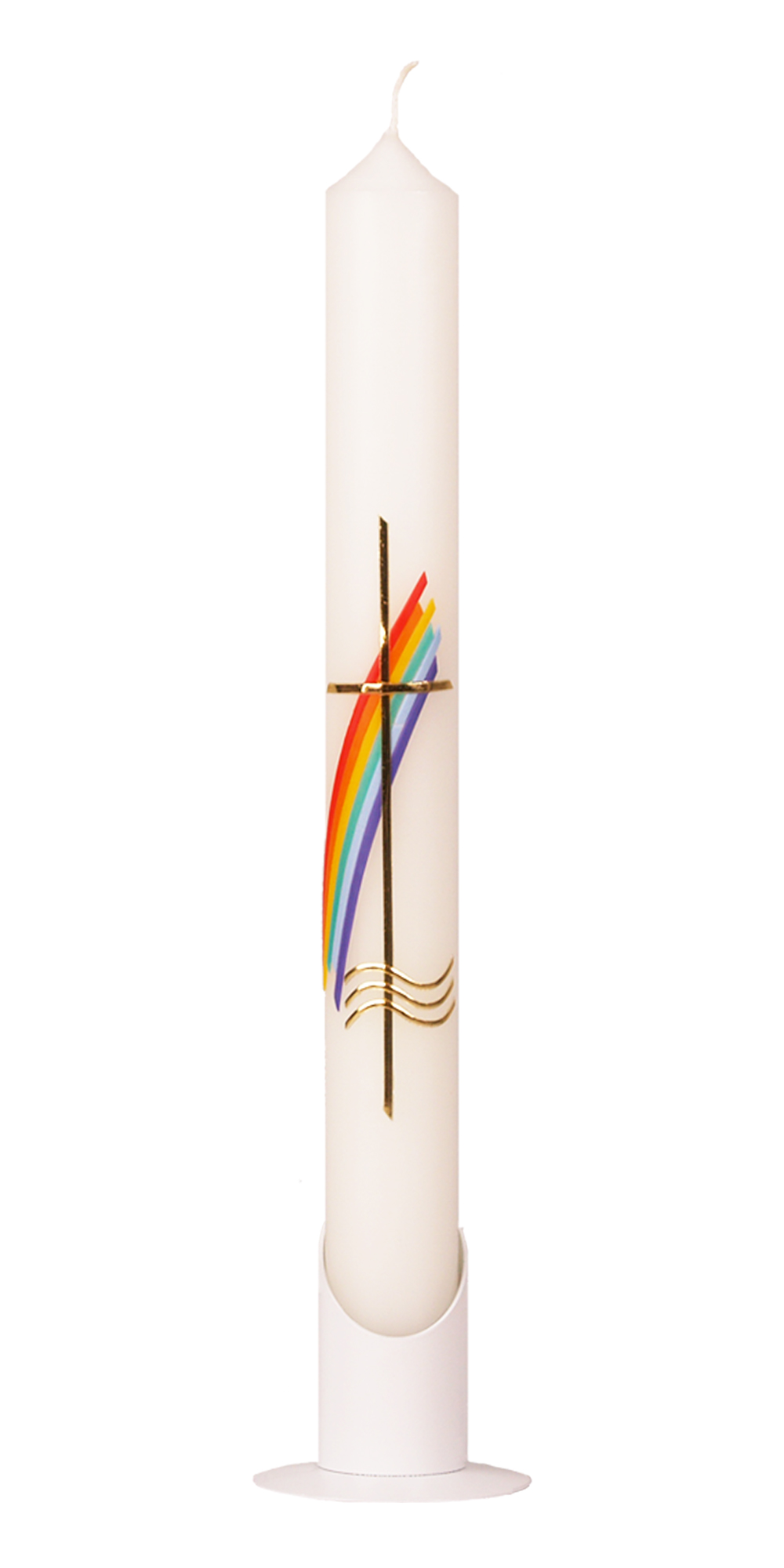 Taufkerze 400 x 40 mm mit Wachsauflage: goldenes Kreuz und Regenbogen
