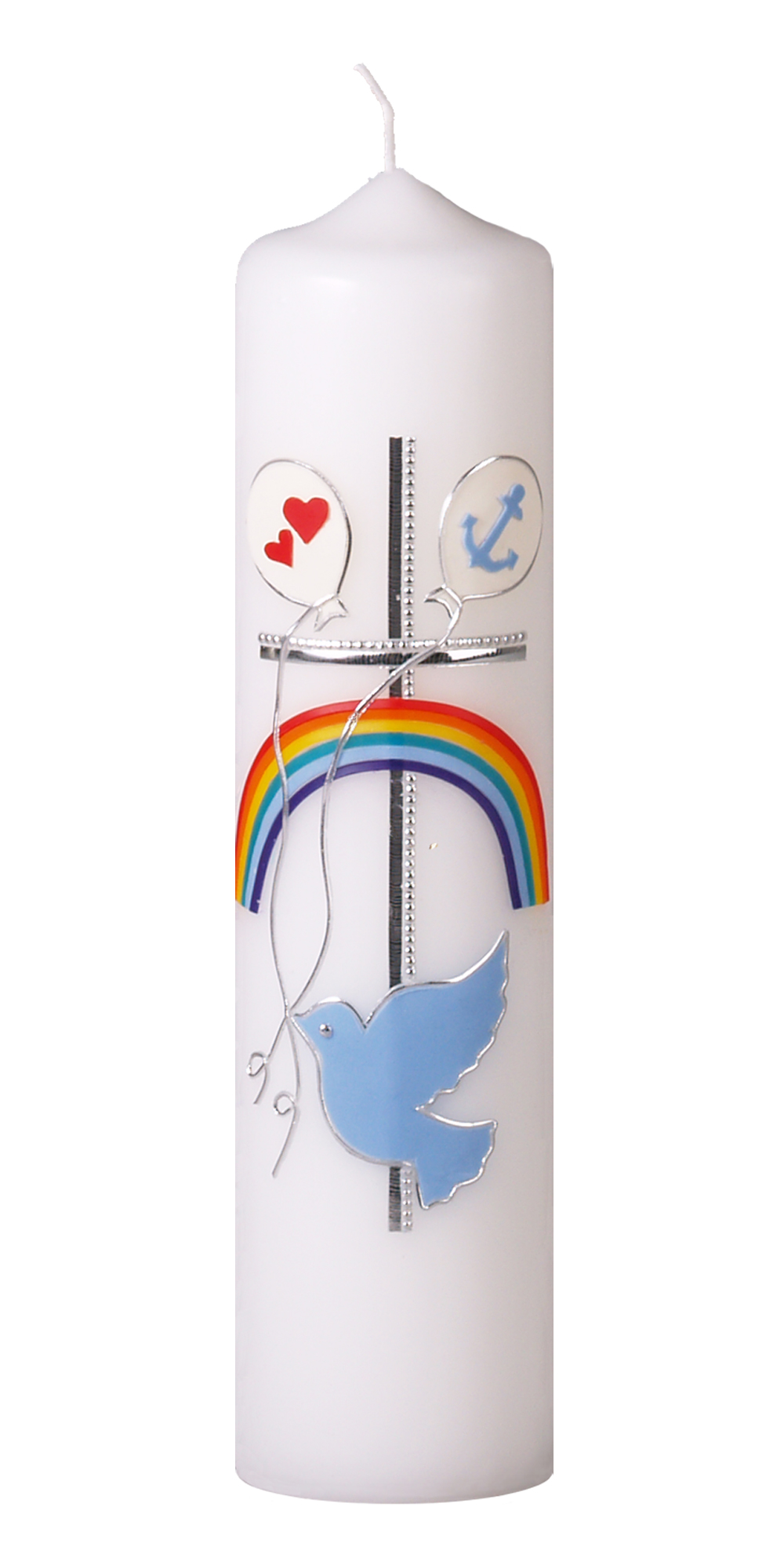 Taufkerze 612, 250 x 60 mm weiß, Wachsauflage, Motiv: Taube, Kreuz und Regenbogen