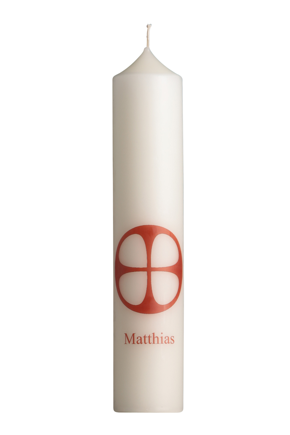 Apostelkerze Matthias, Größe 300x60 mm, mit Foliendruck, Motiv: Apostelkreuz und Namenszug