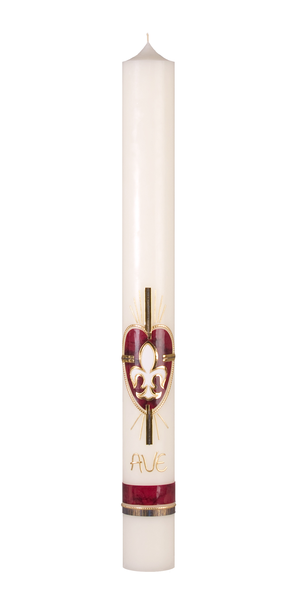 Marienkerze Nr. 49 mit Wachsauflage in dunkelrot,-gold-weiß: Kreuz, Lilie, Borde