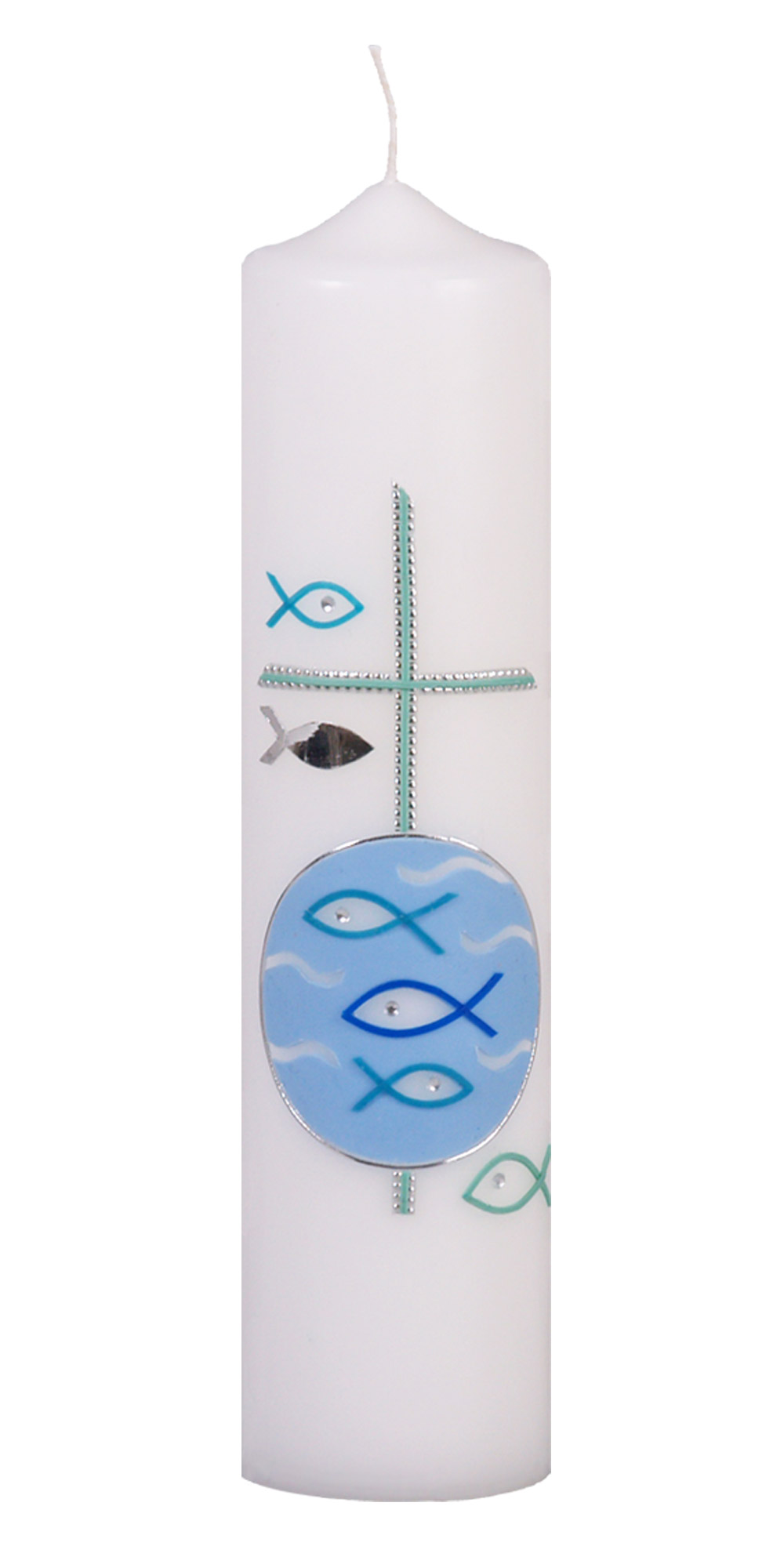 Kommunionkerze 576, 250 x 60 mm weiß  Wachsauflage, Motiv: Fische, Kreuz in den Farben blau, türkis und silber