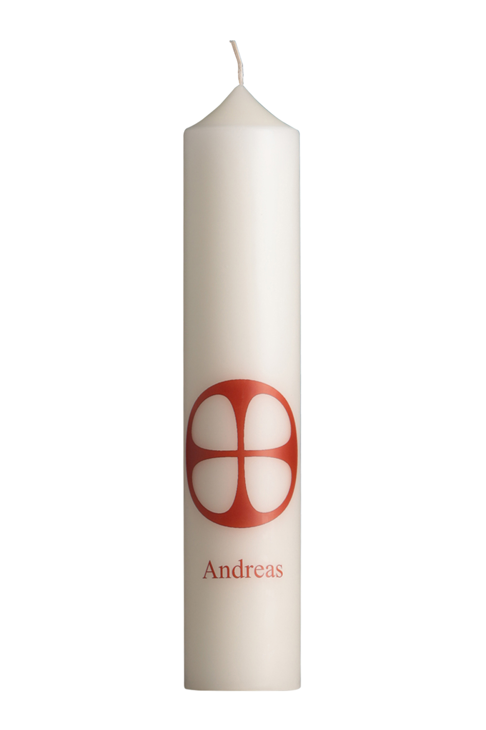 Apostelkerze Andreas, Größe 300x60 mm, mit Foliendruck, Motiv: Apostelkreuz und Namenszug