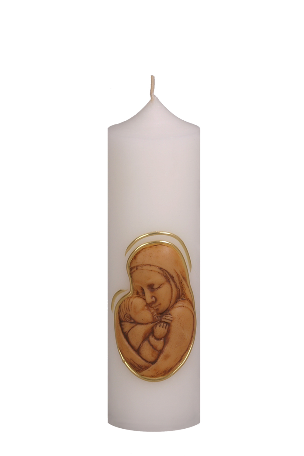 Marientischkerze Nr. 53, 250 x 70 mm,  Wachsrelief Maria mit kind, naturfarben-gold