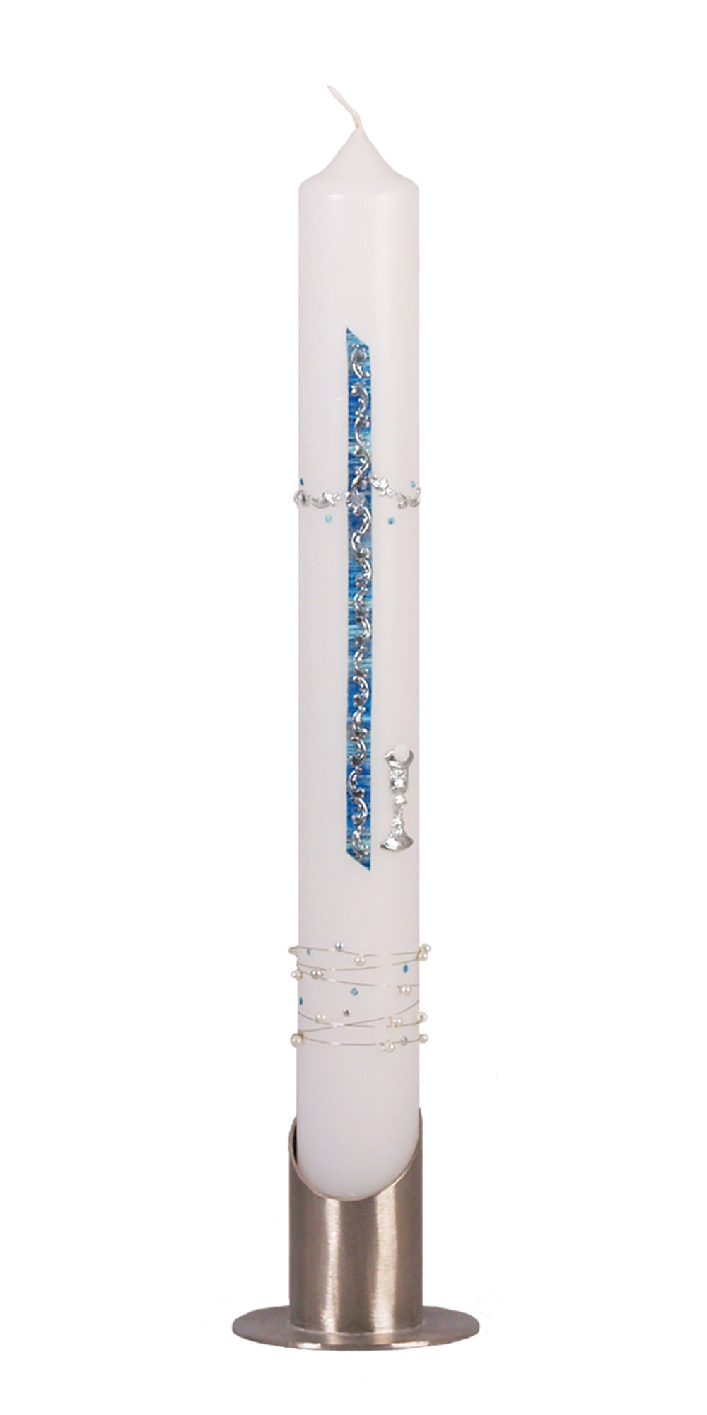 Kommunionkerze 551 blau, 400 x 40 mm weiß , Wachsauflage, Motiv: Kreuz, Kelch und Perlborde, hellblau/silber