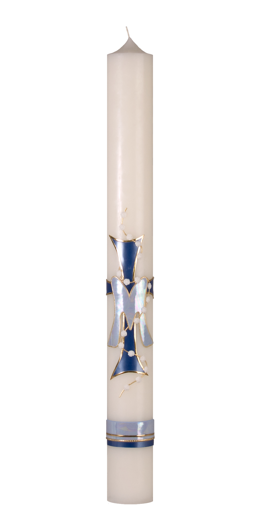 Marienkerze Nr. 55 mit Wachsauflage in hellblau-mittelblau-gold: Kreuz, M, Rosenkranz  und Borde
